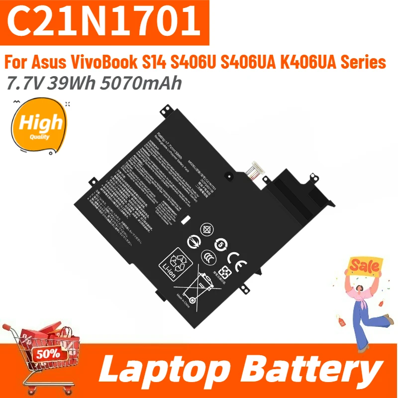 

Высококачественная батарея для ноутбука C21N1701 7.7V 39Wh 5070mAh для Asus VivoBook S14 S406U X406U S406U K406UA Series C21PQC5, абсолютно новая