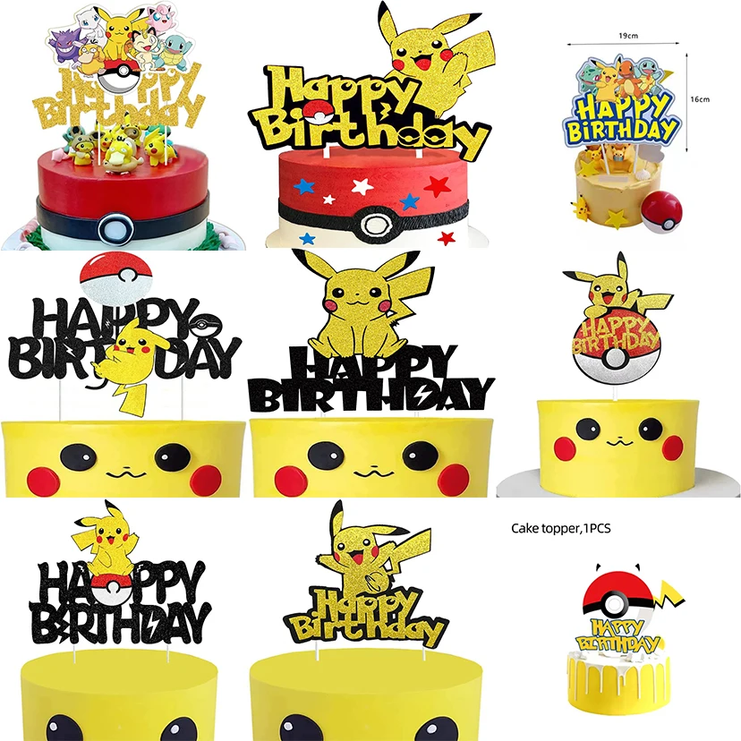 Pokemon Cake Topper Decoration Baby Shower Party Pikachu Figure Pokemon Happy Birthday Cake Topper Flag Kids Party Supplies