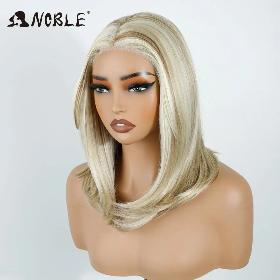 Edle synthetische Lace-Front-Perücken für Damen, 16 Zoll, mit freiem Scheitel, vorgezupft, gerade geschnitten, mit Lace-Perücke, Ombré-Braun-Blond, Cosplay-Perücke. – Detail 6