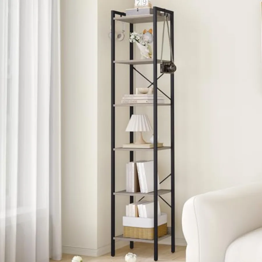 Bookshelf Book Shelf Industrial Bookcase with 2 Hooks Coner Shelf Storage Organizer for Home Office Living Room Bedroom Kitchen