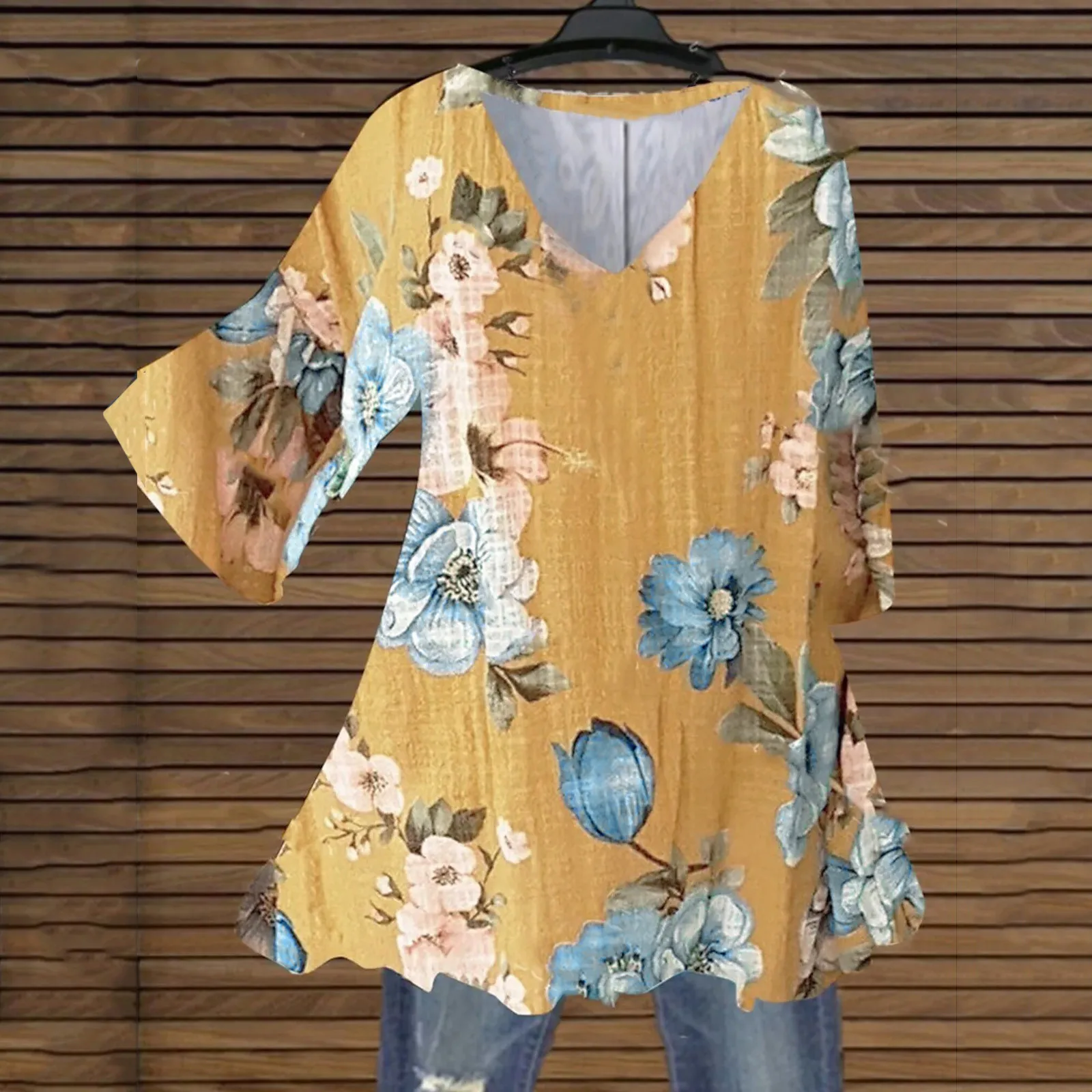 Fashion Women New Spring Shirts Floral Print Irregular Hem Blouse Women Clothing Casual 3/4 Sleeve Shirt Oversize
