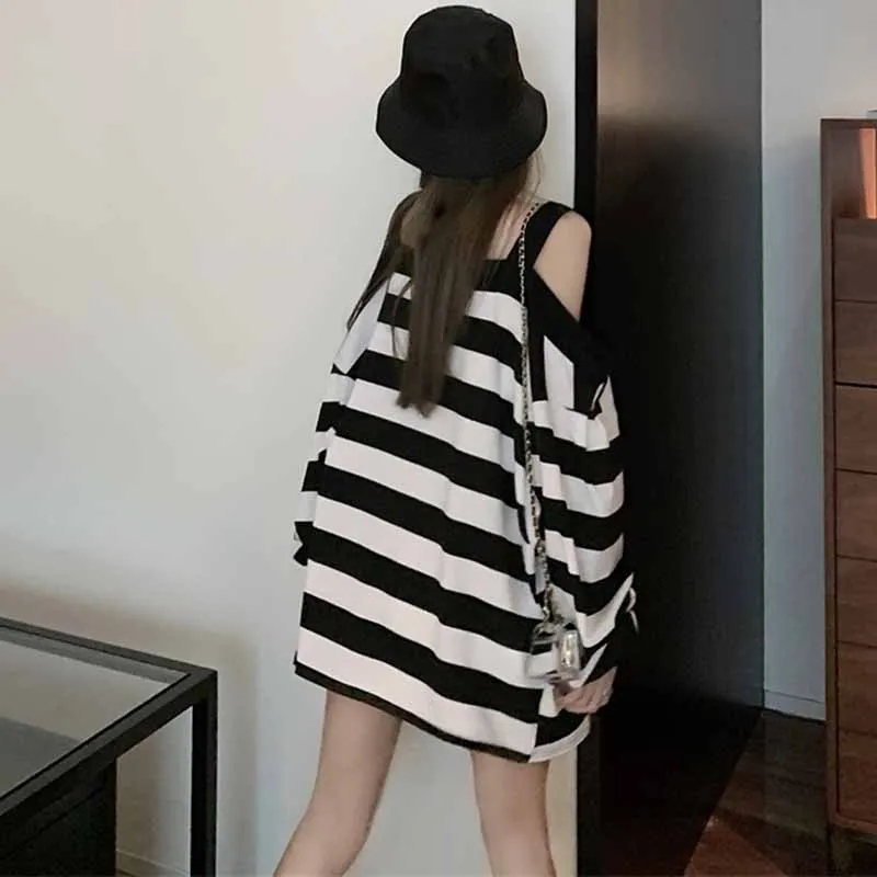 Women Striped Printed Simple All-match Off Shoulder Slash neck Pullovers Womens Trendy Sweatshirts