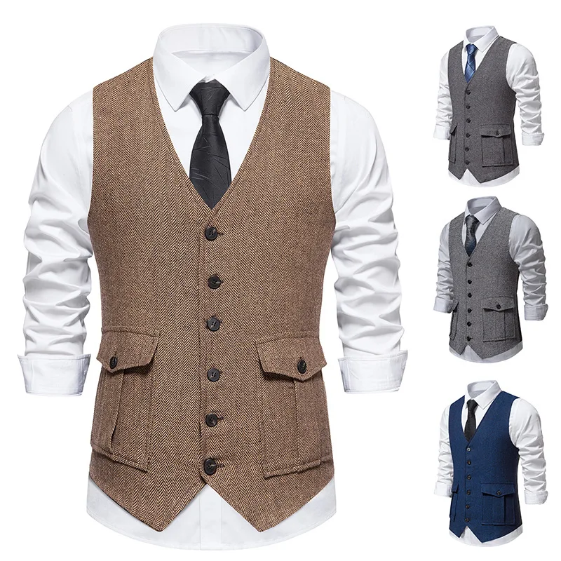 

Men Vest Brown Single Breasted Herringbone Three-dimensional Pocket For Wedding Groom Banquet Work Suit Coat