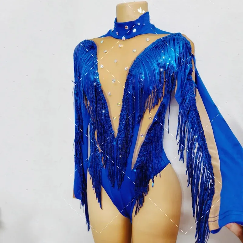 

Adult Women Latin Dance Fringe Leotard Blue Sequins Tassel Sleeve Transparent Bodysuit Nightclub Dancer Performance Stage Wear