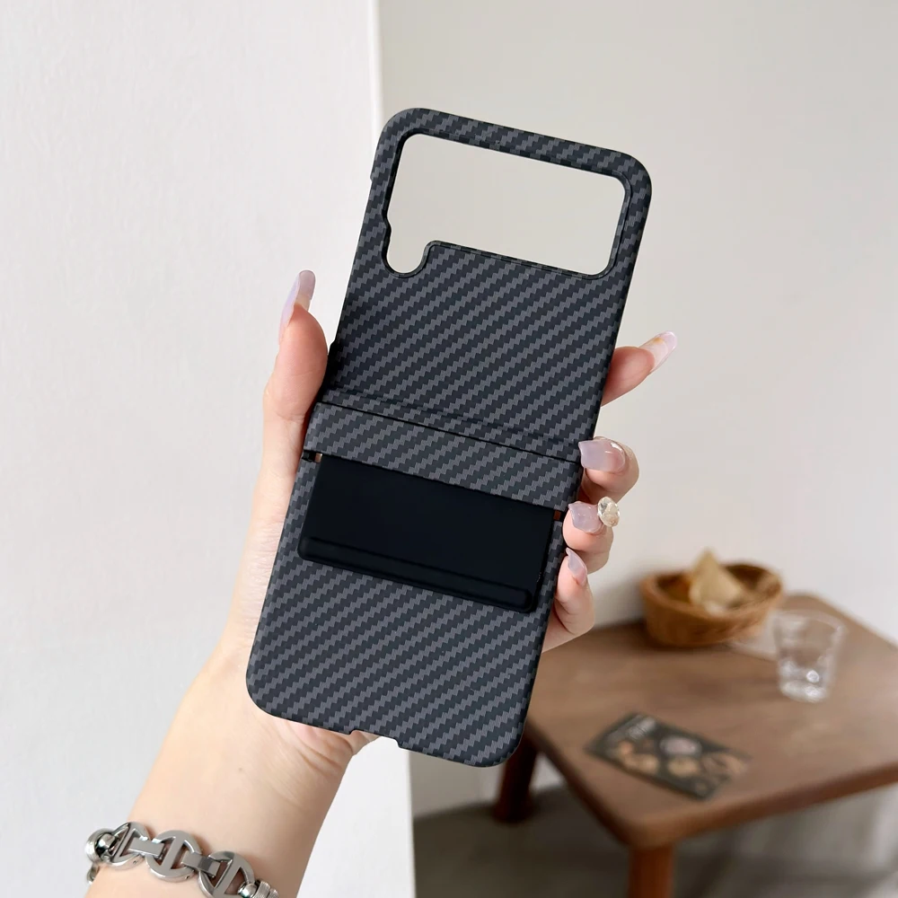 جراب هاتف صلب من ألياف الكربون ، غطاء مفصل وصلة حزام عريض ، Samsung Galaxy Z Flip 6 ، 5 ، 4 ، 3