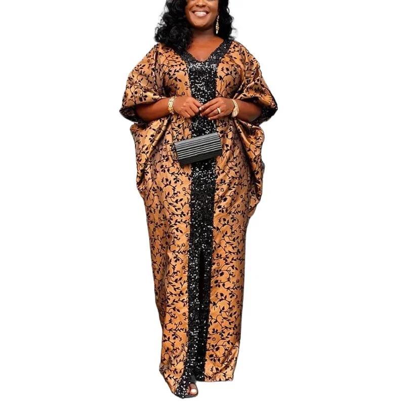 

Muslim Party Dress Women Elegant Luxury 2025 V Neck Batwing Sleeve Sequined Loose Birthday Party Dinner Dress ClothFloor Length