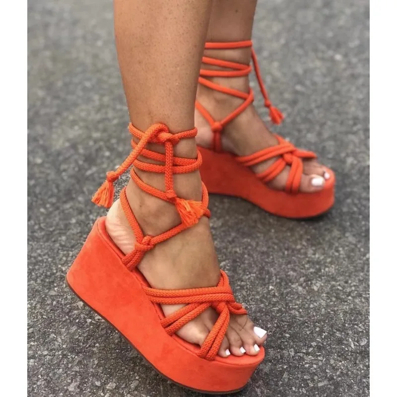 2024 Summer New Platform Wedge Sandals for Women Fashion Round Toe Cross Tied Height Increase Open Toe Femme Sandal Plus Size 43