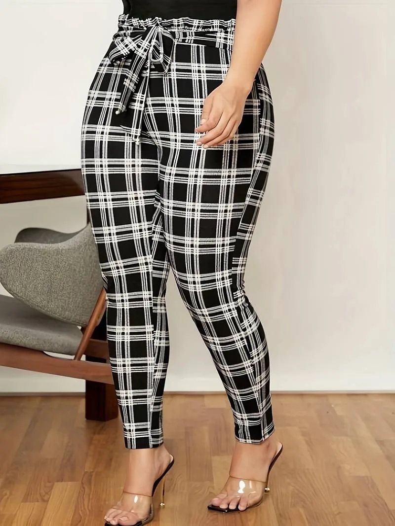 GIBSIE Plus Size Vintage Belted Plaid Pants Women Spring Summer Elegant High-waisted OL Female Casual Capris Pencil Pants