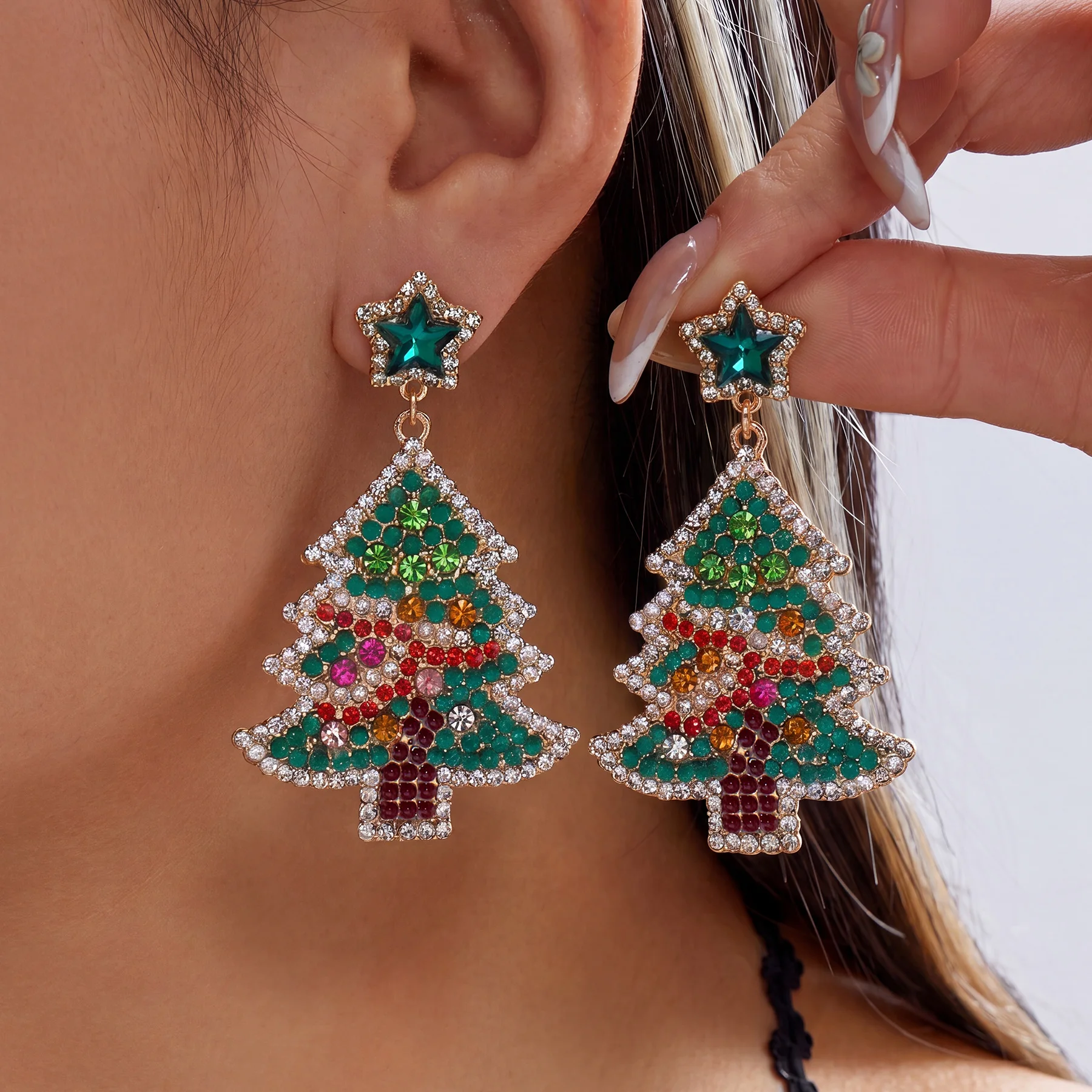 Luxuriöse Rosa Zirkon Weihnachtsbaum-Ohrhänger für Damen Niedliche Stern-Imitationsperlen-Ohrringe Ästhetischer Neujahrs-Schmuck – Detail 1
