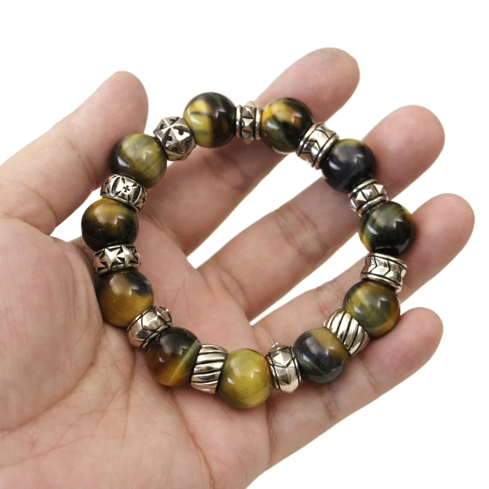 Cupronickel Accessory 14mm Round Beads Tiger Eye Gemstone Punk Bracelet CP478