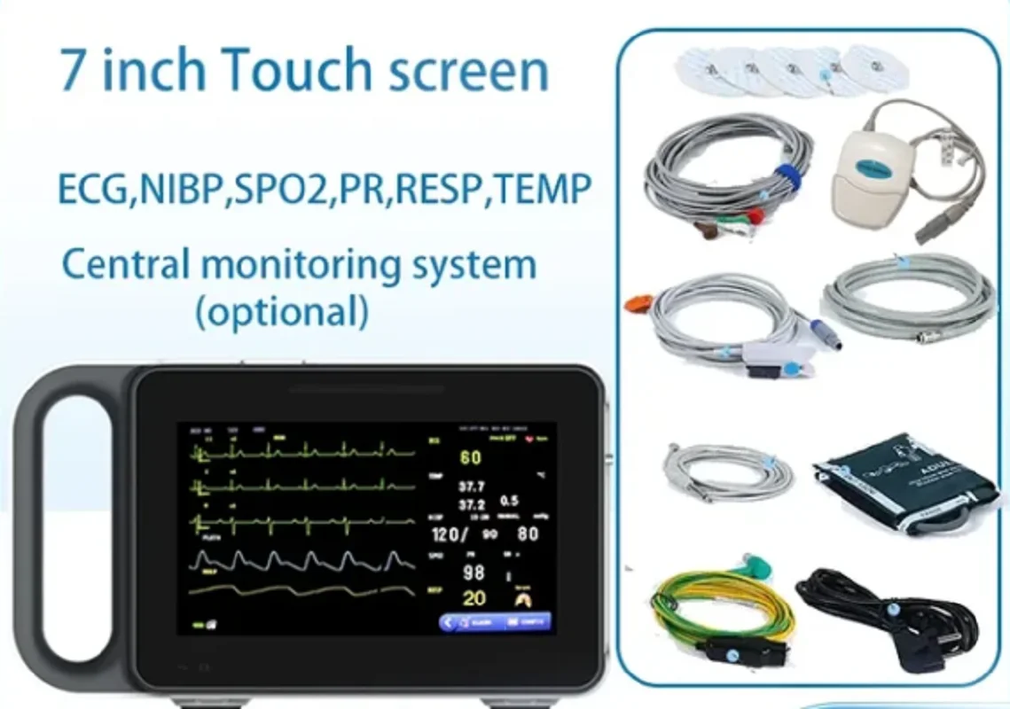 شاشة محمولة تعمل باللمس جهاز مراقبة المريض ، 6 معلمات ، ECG ، NIBP ، RESP ، SPO2 ، PR ، TEMP ، 7 بوصة ، بشري وطبيب بيطري