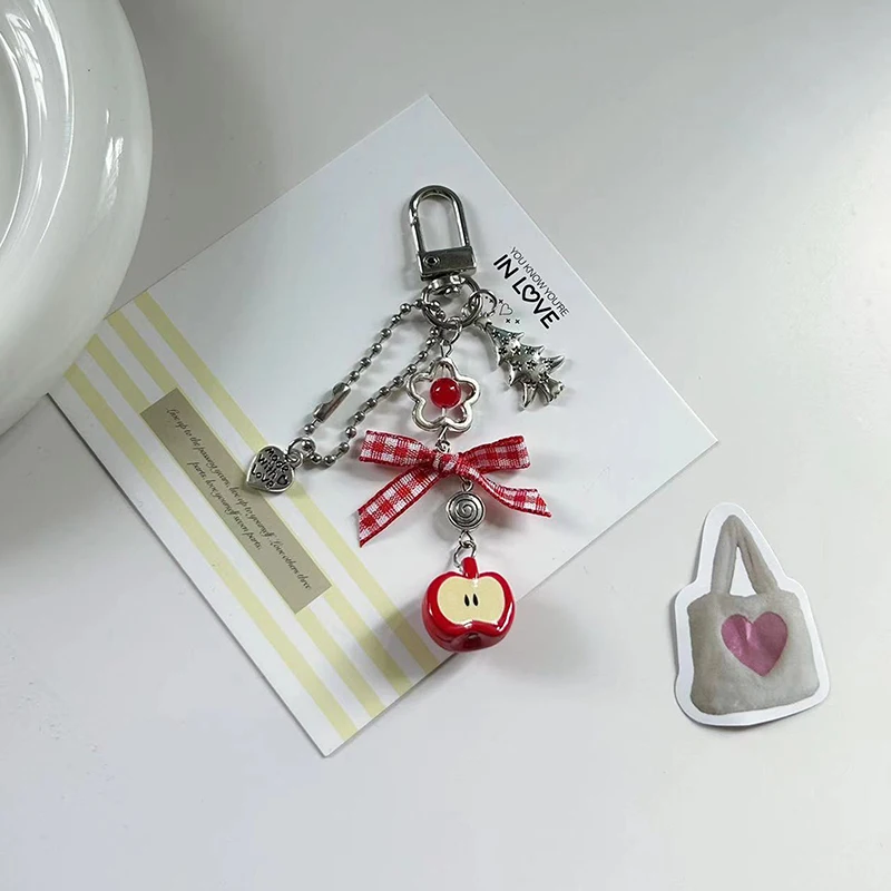 Cute Student Pendant Original Apple Love Bow Beaded Keychain Pendant Niche