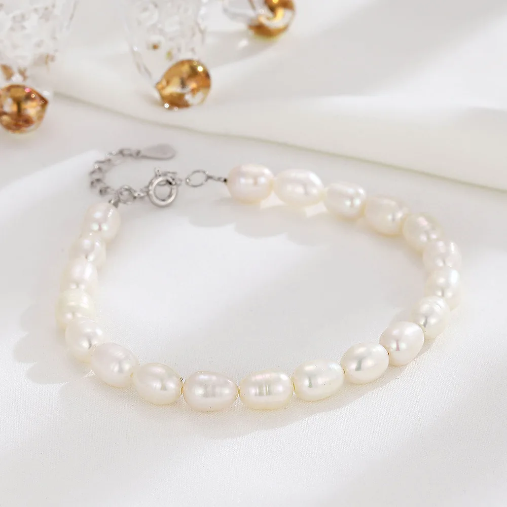 925 Sterling Silver Rice Shape Freshwater Pearl Bracelet for Women, INS Style Fashion Jewelry with a Light Luxury Wind