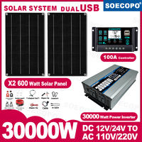 SOECOPO 30000W Portable Solar Kit 2*600W Photovoltaic Panels 12V 24V To 110V/220V Inverter and 100A Controller for Camping Home