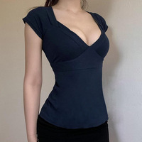 Retro Basic Style Low-Cut V-neck Pure Color All-Matching Short-Sleeved T-shirt Simple Temperament Pure Desire Style Slim Fit