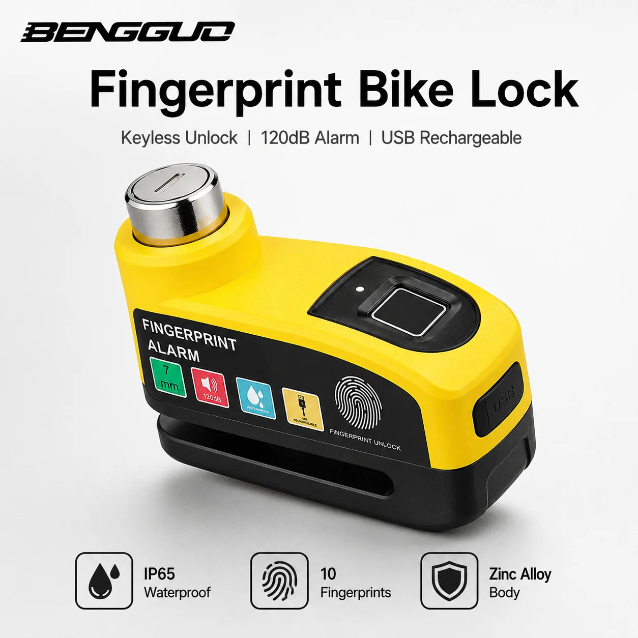 BENGGUO Fingerprint Bike Disc Brake Lock USB Rechargeable 120dB Alarm IP65 Waterproof 7mm Pin Anti-Theft Bicycle Security Lock