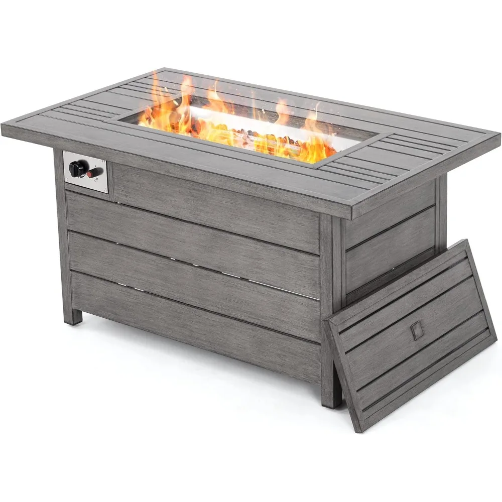 Propane Fire Pit Table, 48inch 50000 BTU Aluminum Gas Fire Pit with Aluminum Slats Table Top, Lid, Black Glass Rock