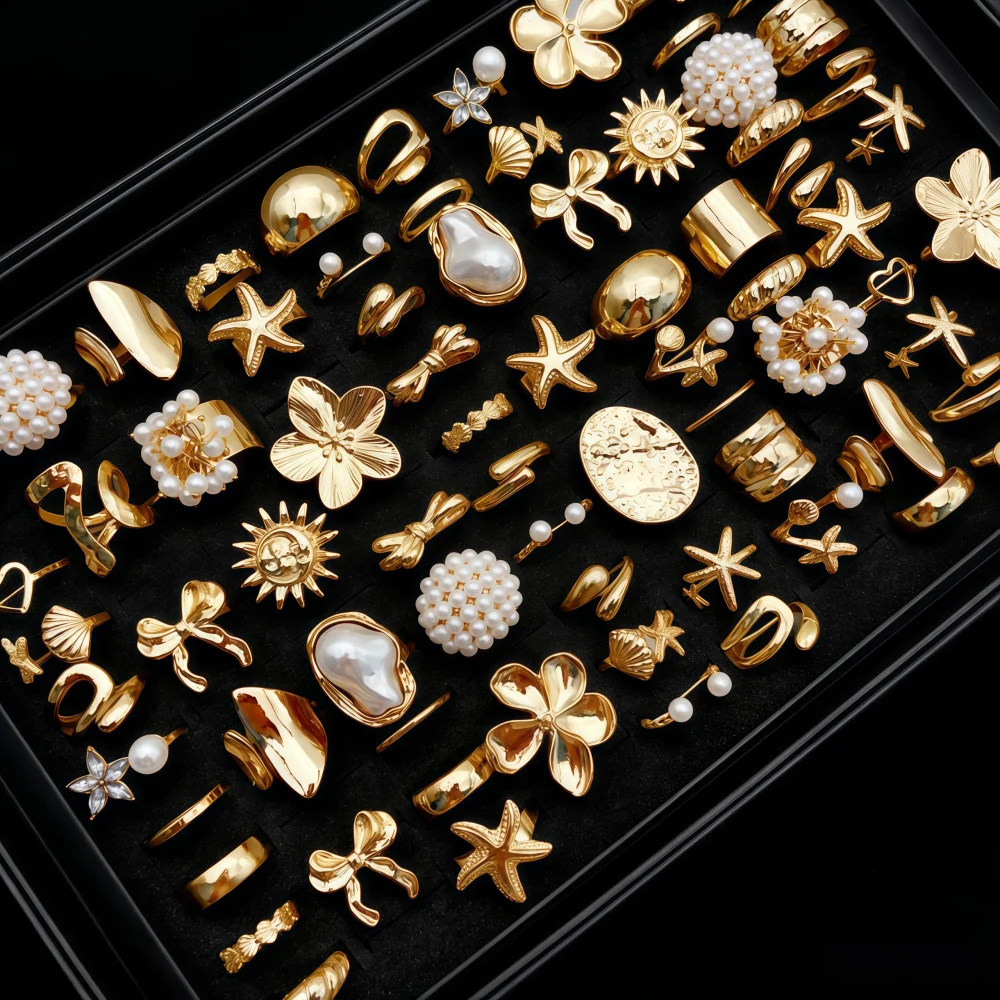 6/12/24/48/100 piezas de moda flor estrella de mar geometría Irregular anillo abierto conjunto para mujeres estilo mixto joyería de regalo de fiesta diaria