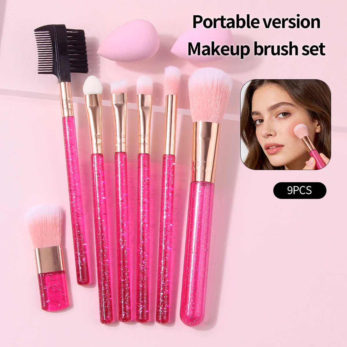 Set di 9 pennelli per trucco squisiti: pennello per cipria, pennello per ombretto, pennello per ciglia, pennello per kit trucco e applicatore in morbida spugna piccola.