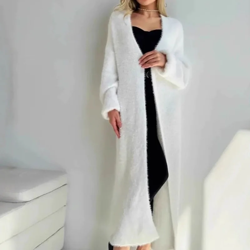

Осень-зима, новая женская однотонная верхняя одежда, модное простое женское длинное вязаное пальто, меховые кардиганы с v-образным вырезом и длинными рукавами для отдыха