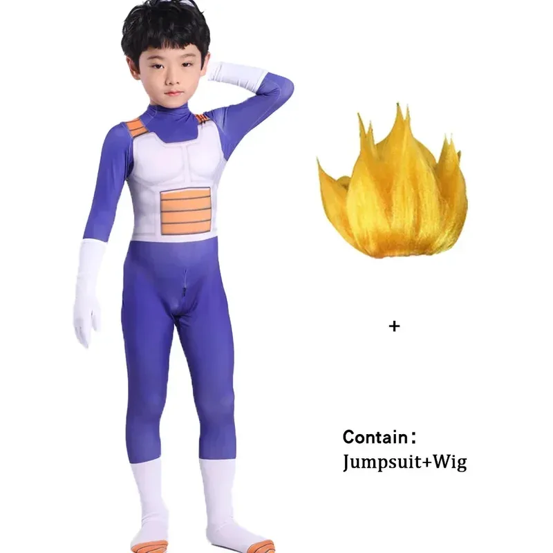 เด็กเครื่องแต่งกาย Vegeta คอสเพลย์อะนิเมะฮีโร่ผมสีดําฮาโลวีนสําหรับผู้ใหญ่ผู้ชาย