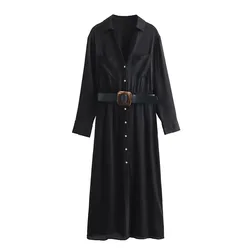 ZADATA 2023 Autumn New Women's Long Sleeve Belt Fashion Casual Commuting Retro Elegant Chic Versatile Dress