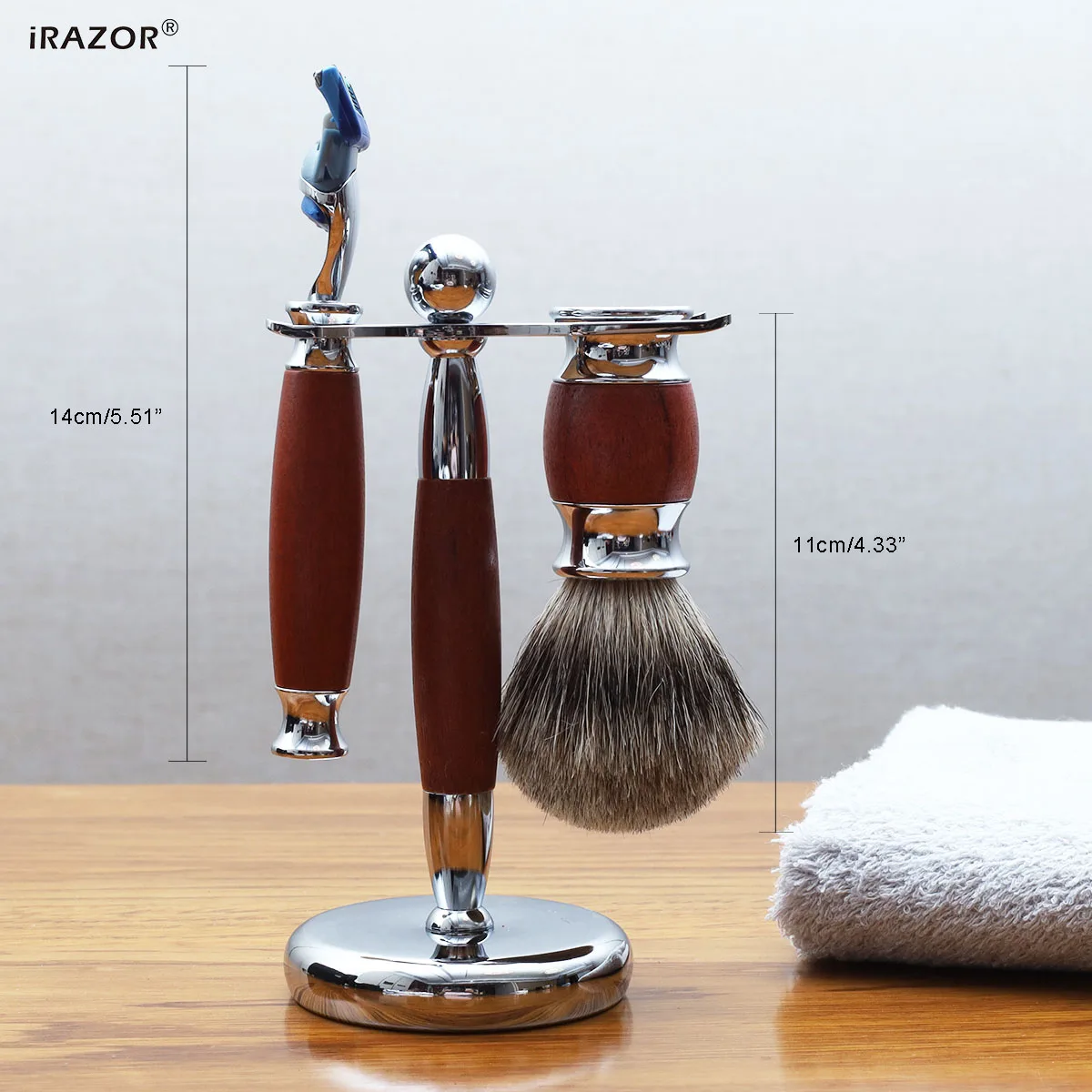 iRAZOR Luxury 5-Blade Fusion Safety Razor Shaving Kit Natural Rose Wood Handles Silver Tip Cleaning Badger Hair Grooming Tools