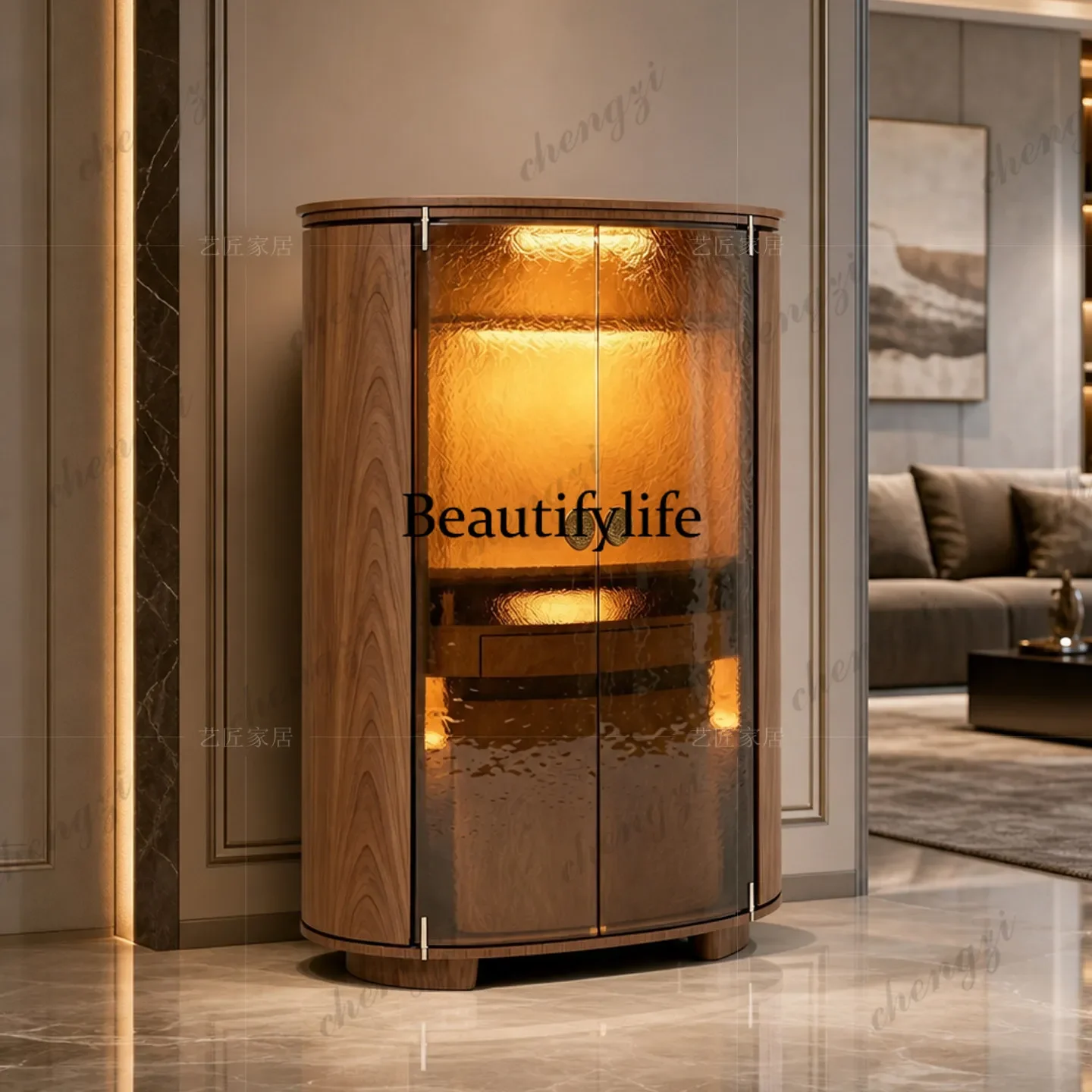 a55 Italian tempered glass wine cabinet high-end living room home retro style dining side cabinet integrated against the wall