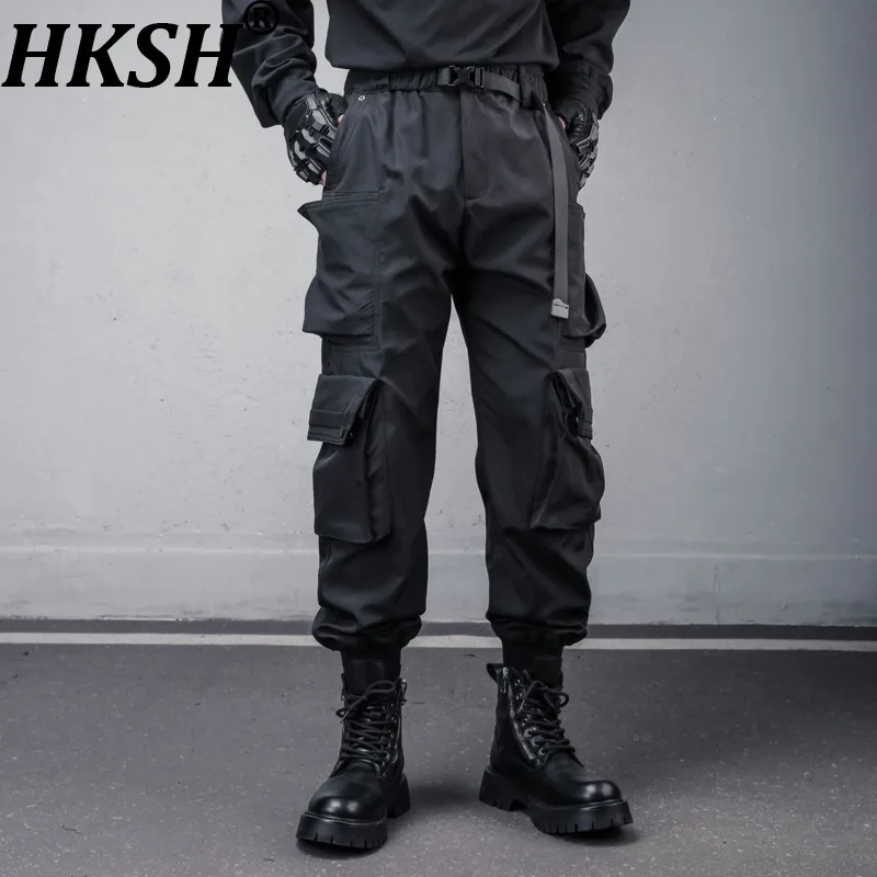 

HKSH Spring Autumn New Man Tide Dark Safari Style Trendy Punk Ins Multi-Pockets Heavy Cargo Pants Elastic Waist Techwear HK13384