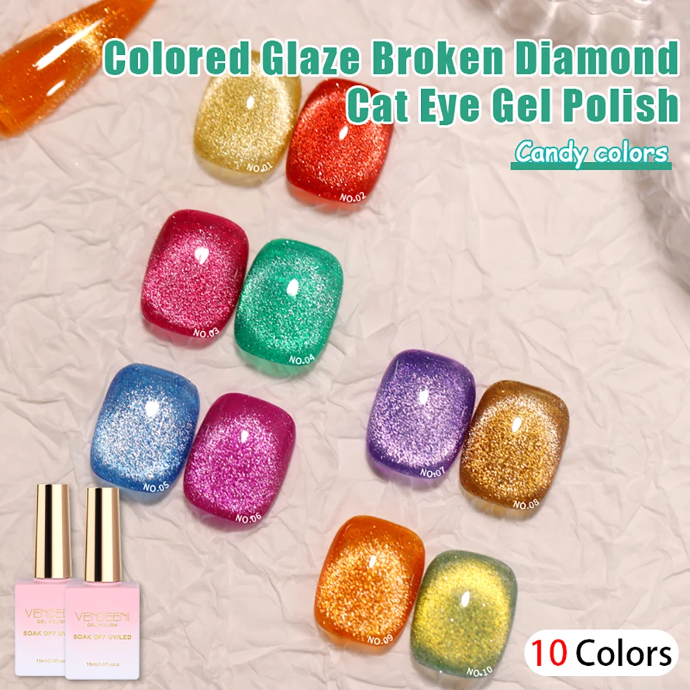 

Vendeeni 10 Color Translucent Broken Diamond Cat Eye Gel Nail Polish Semi Permanent Magnetic UV LED Gel Varnish Gel Lacquer 15ml