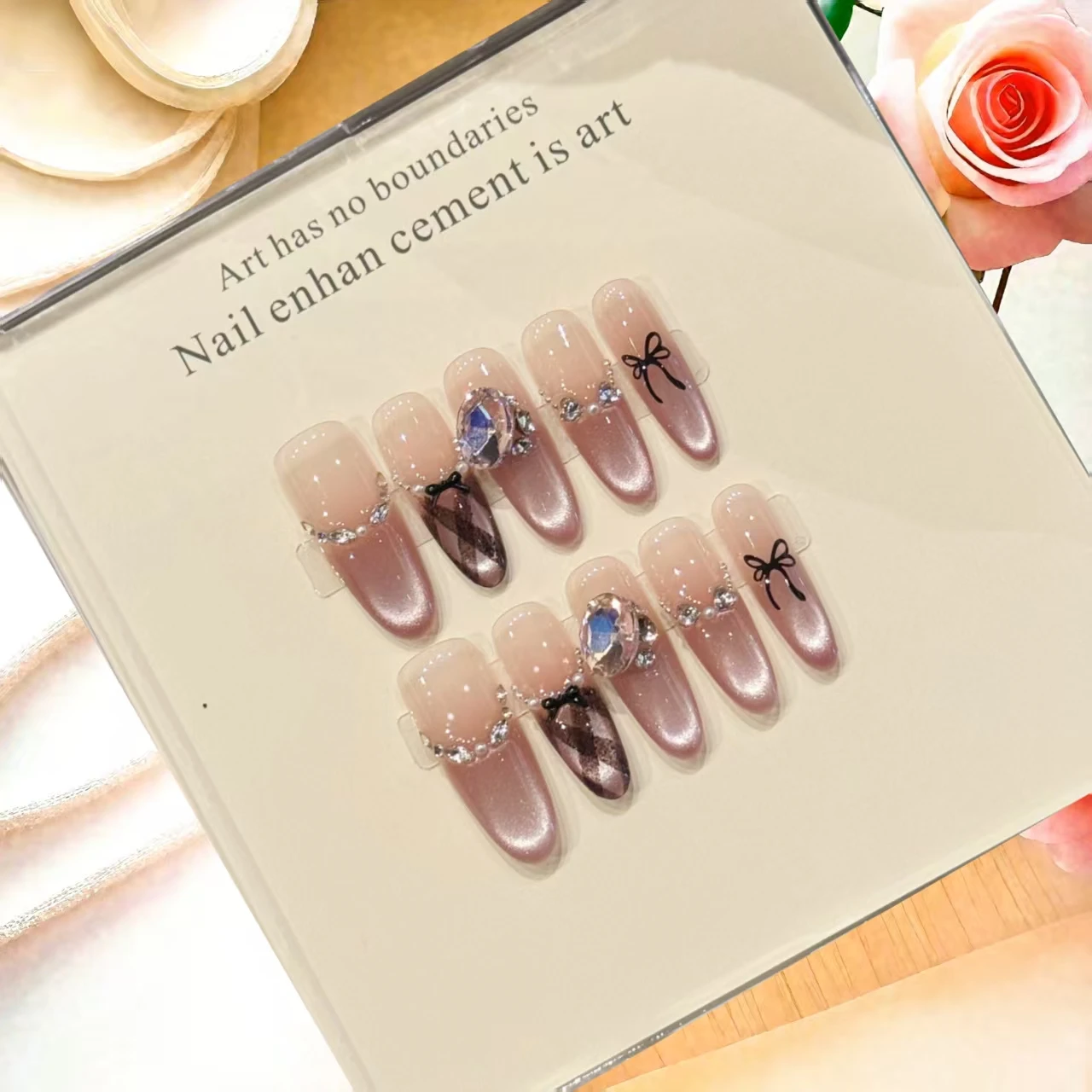 

10 шт. роскошные ногти ручной работы, милые романтические розовые стеклянные бусины «кошачий глаз», блестящий длинный овальный дизайн с инструментами из 4 шт.