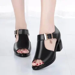 Women Sandals 2024 Fashion Fish Mouth Shoes Chunky Heel Metal Decorative Buckle Casual Comfortable Summer New Women's Sandals