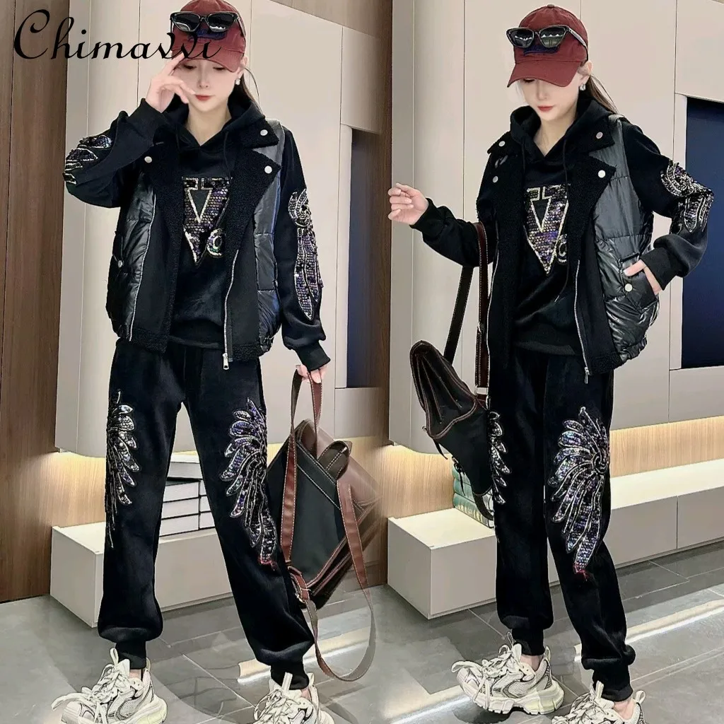 2024 Autumn and Winter New Fashion Thickened Golden Velvet Casual Suit Vest Sweatshirt Pant Sets Women Warm Three-piece Set