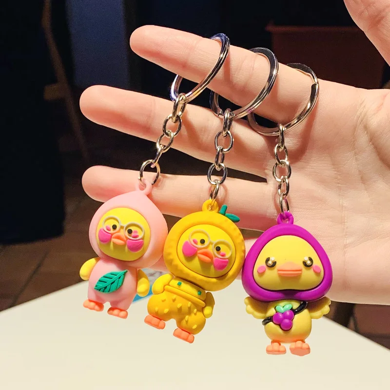 Cartoon Fruit Duck Keychain Pendant Doll Silicone Mini Yellow Lalafanfan Duck Animal Action Figure Bags Decor Birthday Gift