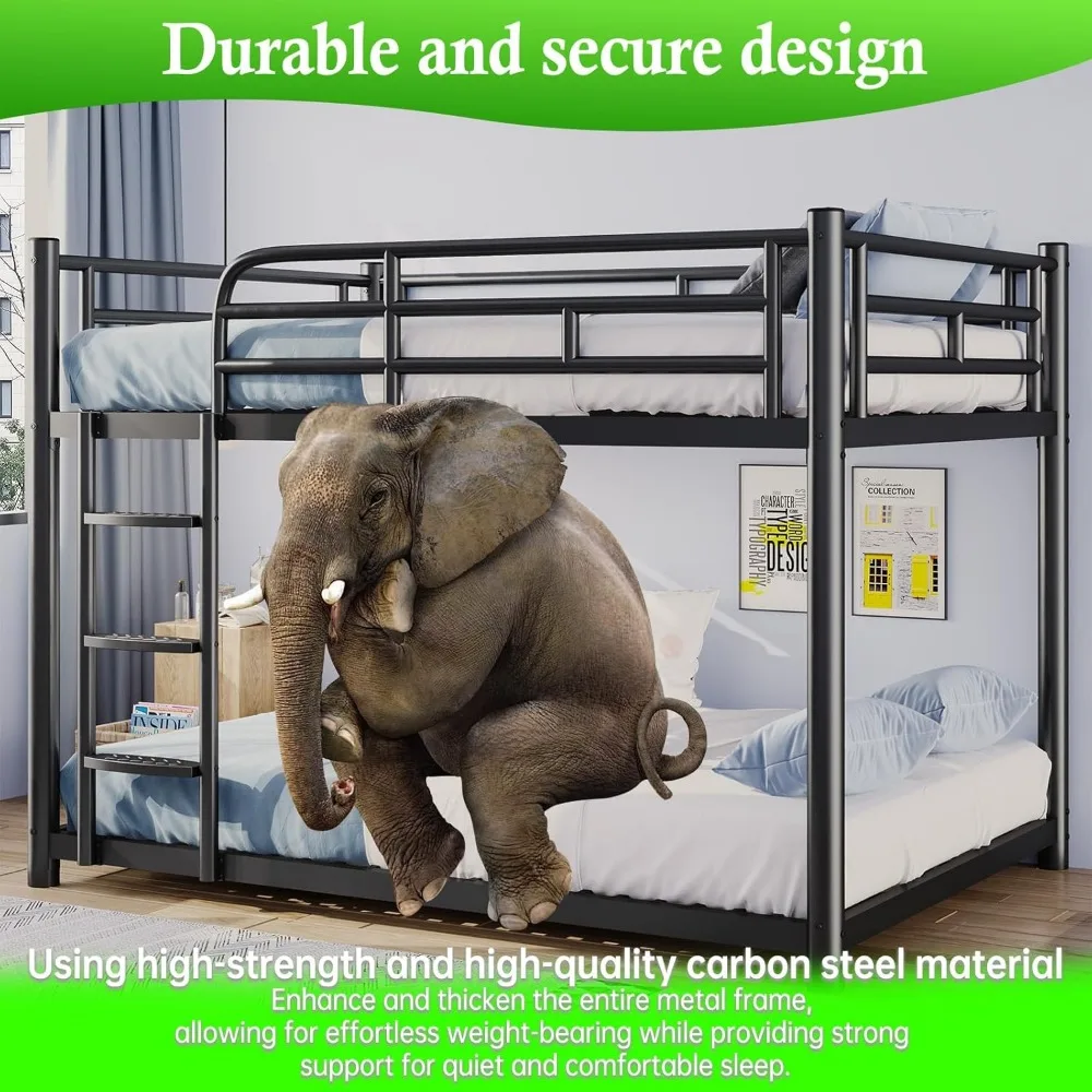 أسرة مزدوجة بطابقين كاملة مع سلم عريض قابل للفصل، ودرابزين كاملة الطول، وتصميم هادئ لحلول النوم ذات الإطار المنخفض