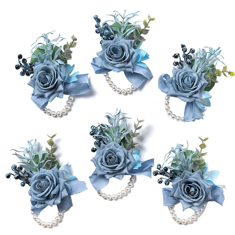 Dusty Blue Wrist Corsage Wedding Bracelet for Bridesmaid 6pcs Silk Wrist Corsage Bridesmaid Sisters Girl Hand Flowers Wristlet image 2