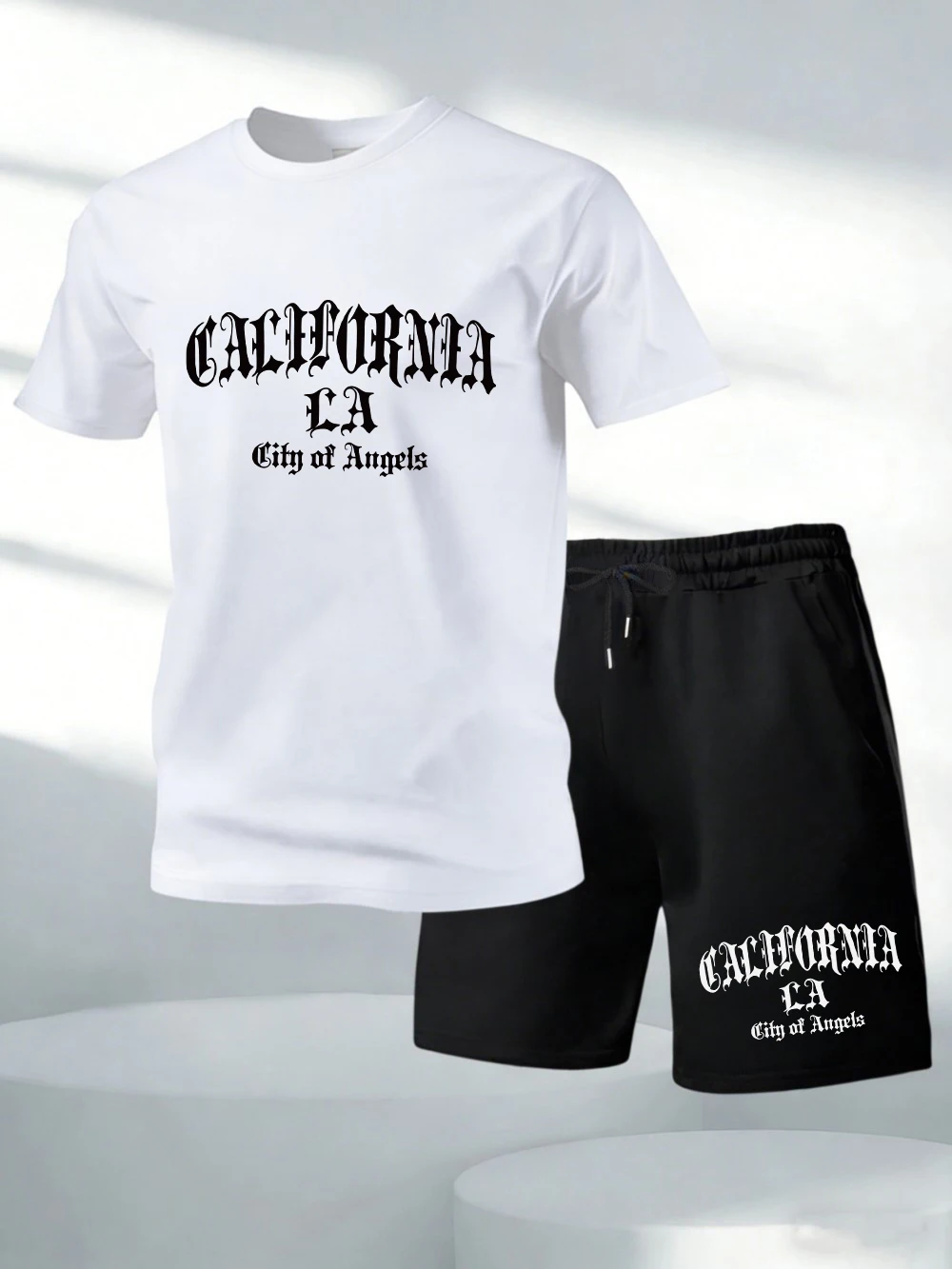 

Two Pieces Set California City Of Angeles Print Cotton Tops Shorts Mens O-Neck Oversized Soft T-Shirts Pocket High Waisted Pants