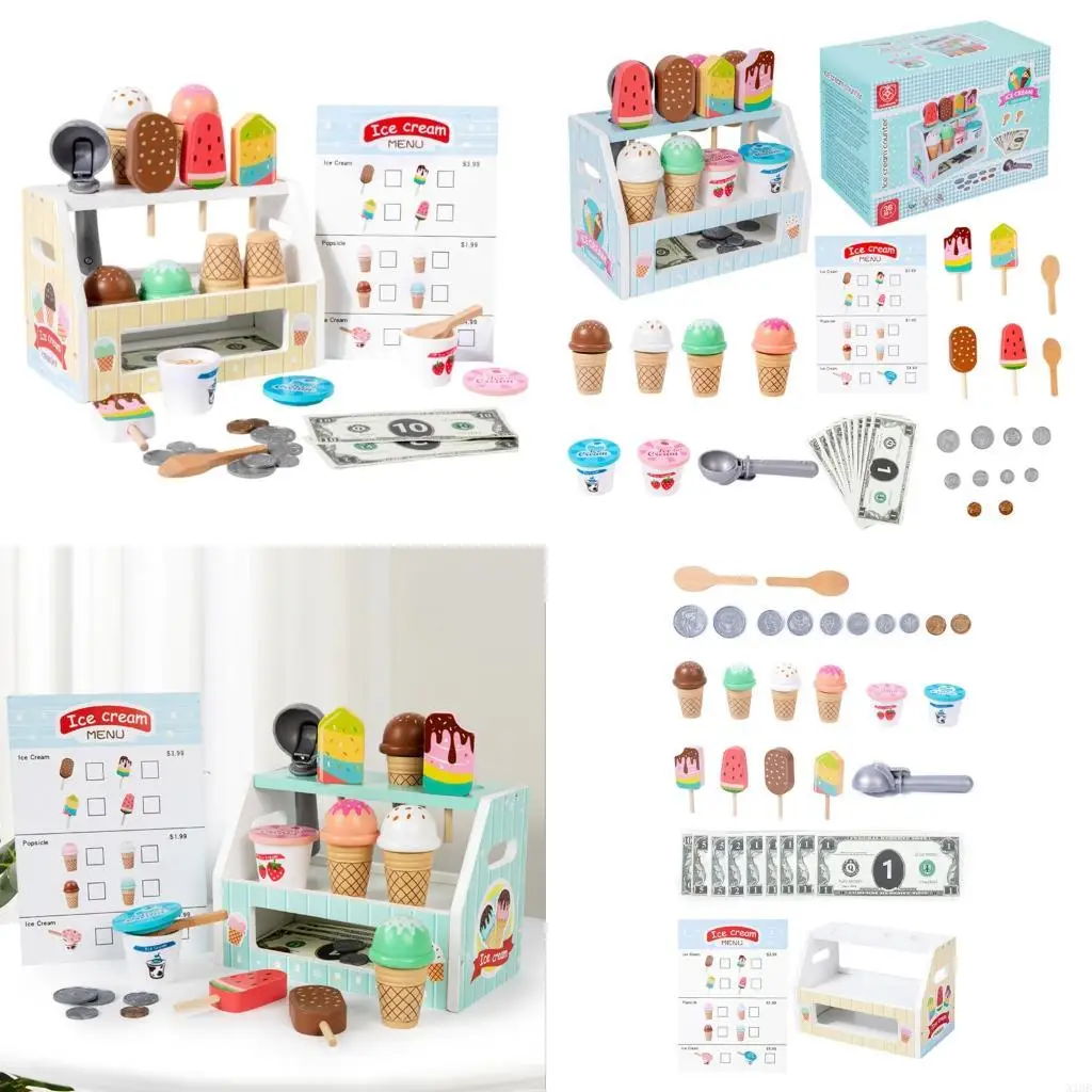 Kinderen houten ijsmodel speelgoed met muntenmenu doen alsof leeractiviteit