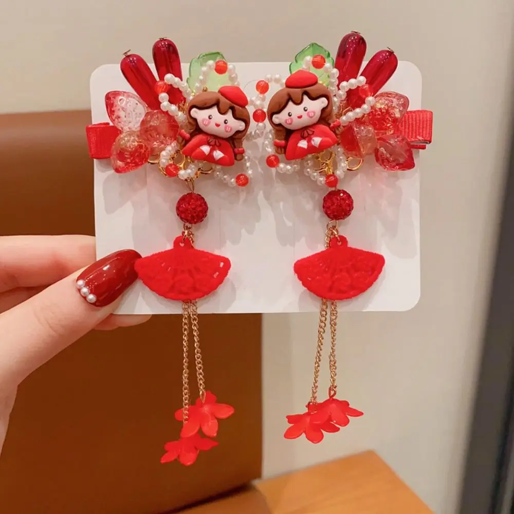

Tassel Children Red Hairpin Flower Bow Chinese New Year Headwear Tang Suit Hair Clip Girl Hair Accessories Ancient Style Hairpin