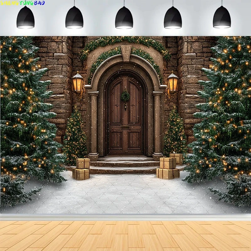 

Christmas Day Pine Tree Bell Wreath Photography Backdrops Indoor Fireplace Winter Elk New Year Family Portrait Background CT-07