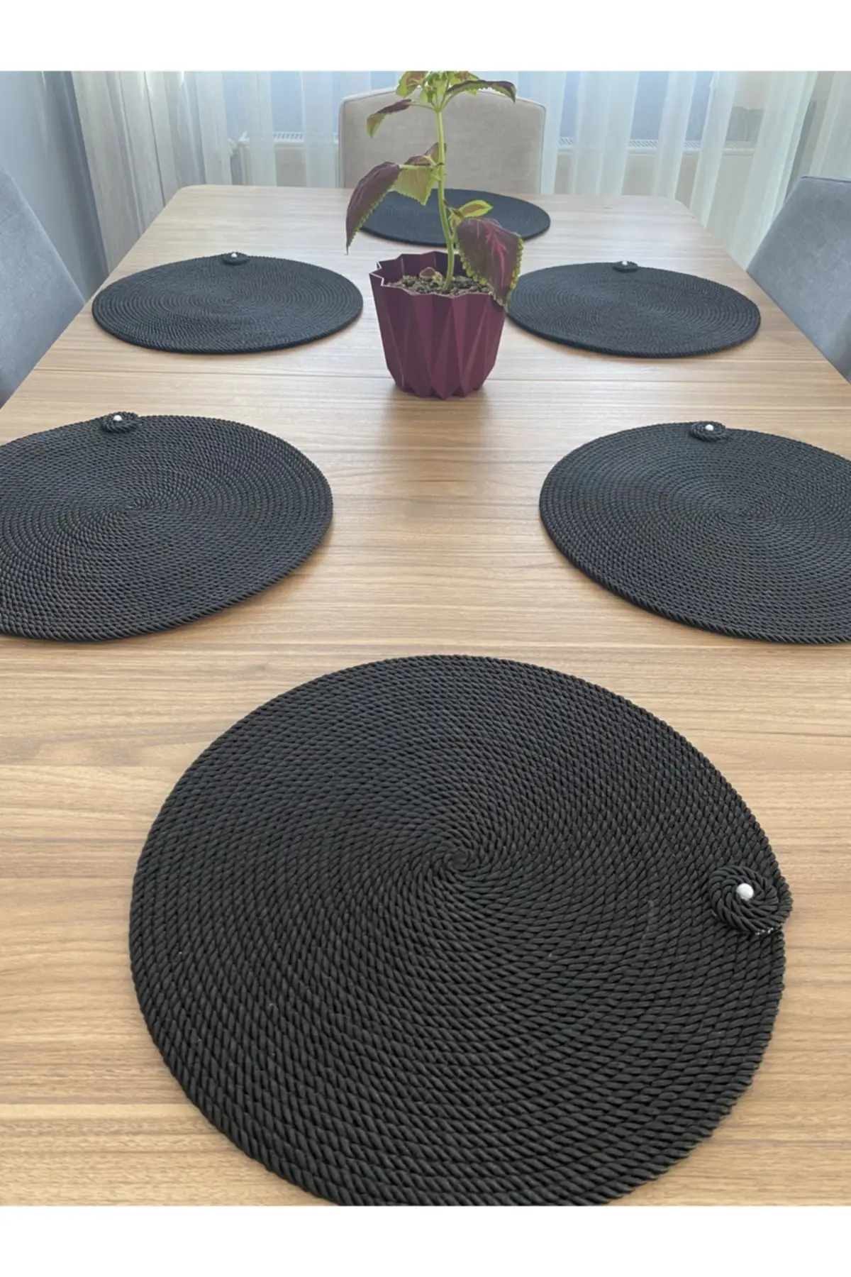 American 6 Pcs. Black Wicker Serving Runner Supla Knitted Bamboo Plate Pot, Fireproof, Kitchen, Table Accessory, Plate Coaster,