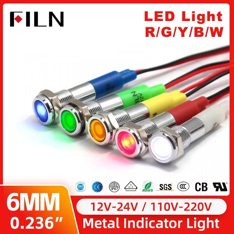 

5pcs 6mm Pilot Panel Dash Signal Mini 12v 24V LED Metal Indicator Light Red Green With 20cm Cable Light Flat Signal Lamp