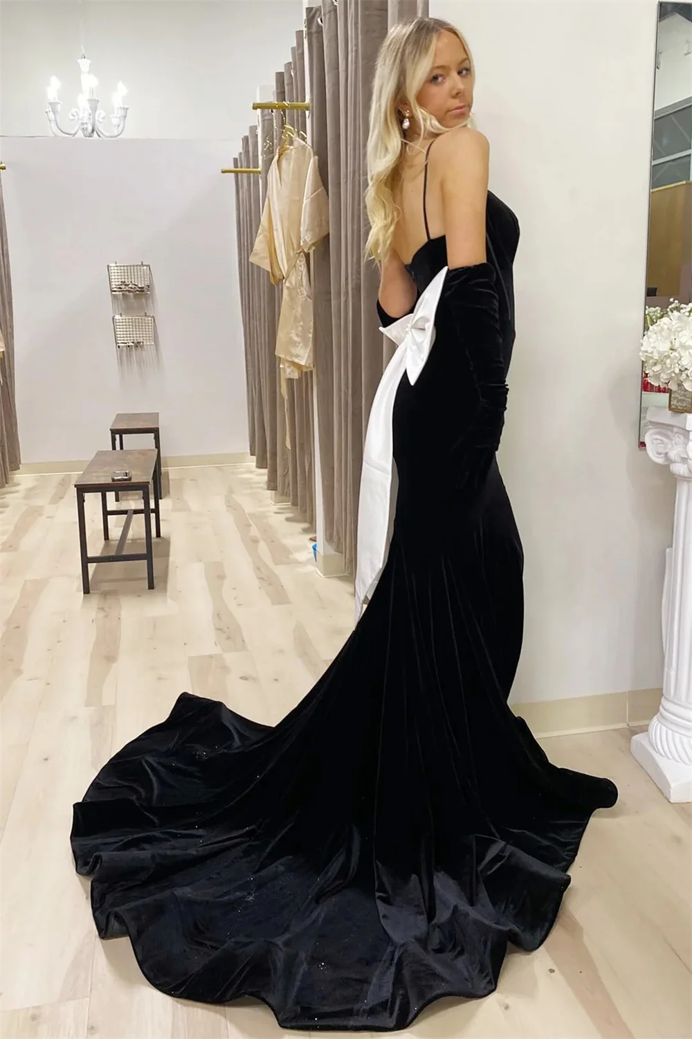 Jessica-vestido de noche de sirena con tirantes finos, traje elegante de color negro con lazo y guantes para fiesta de boda