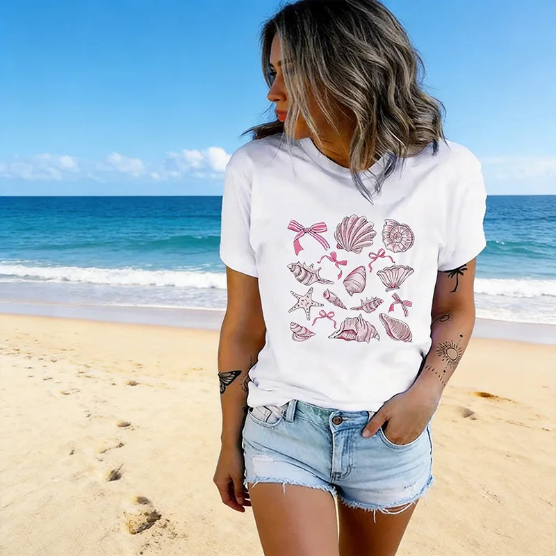 Women's Seashell Ocean Animal Pattern Print T Shirt Round Neck Short Sleeve T-Shirt Spring Summer Korean Style Tees Tops Female