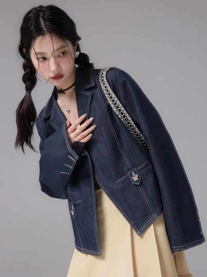 Harajuku Streetwear Denim Jacket Vintage Design Loose Jean Coat Women High Quality Long Sleeve American Outwear