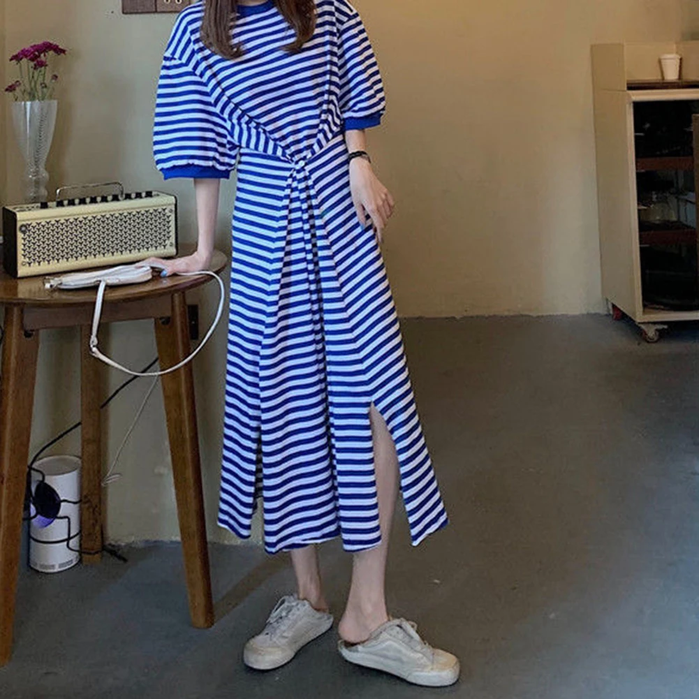 Robe T-Shirt rayée à manches courtes pour femmes, jupe ample, effet amincissant, taille coréenne, été