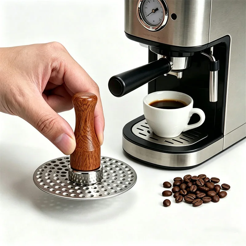 Espresso-Puck-Sieb mit Magnet und Holzgriff 51/53/58mm Edelstahl-Kaffeefilternetz Magnetisches Extraktionswerkzeug – Detail 3