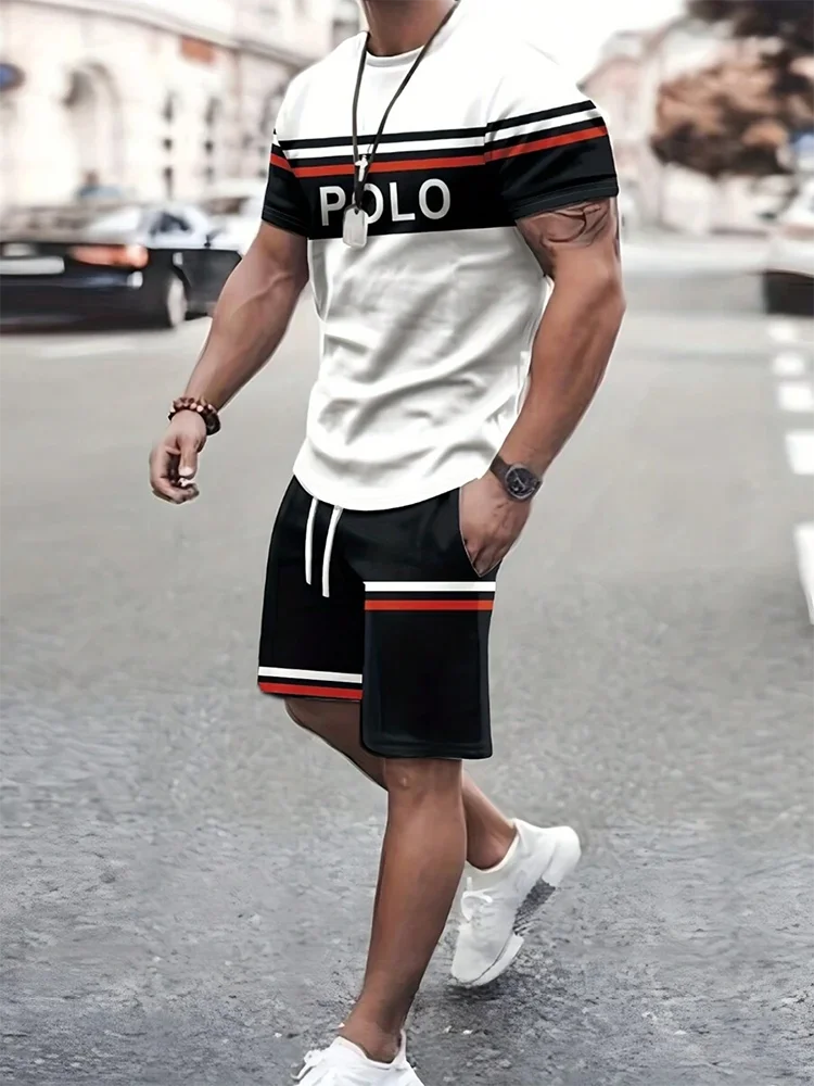 2025 Mens Summer Casual Suit Textured Printed Mixed Color Short Sleeve Outdoor Street Fashion Shorts Two Piece Pocket Loose Suit