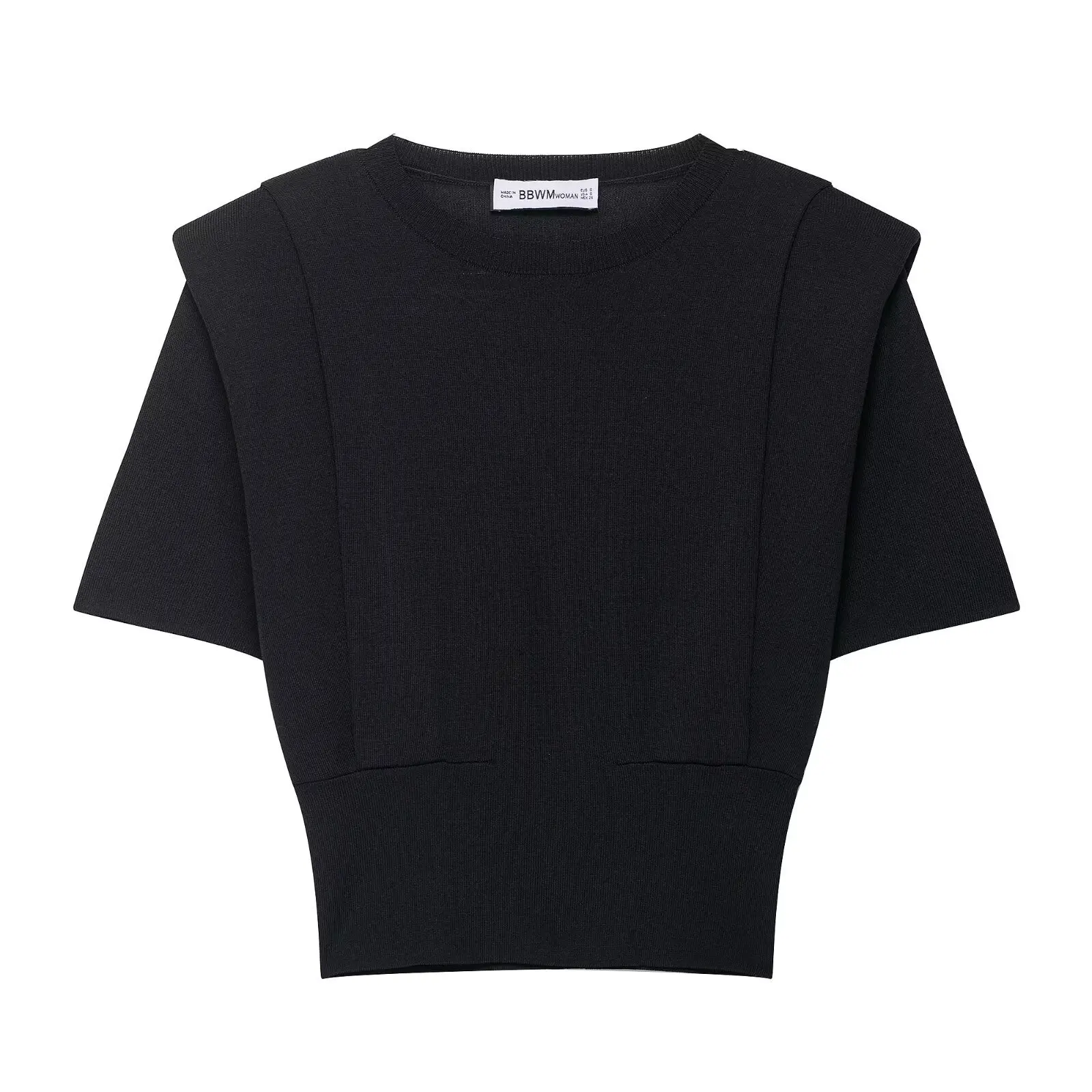 Women's Solid O-Neck Short Sleeve Knitwear Fashion Shoulder Pad Sweater Basic Pullovers Autumn Top