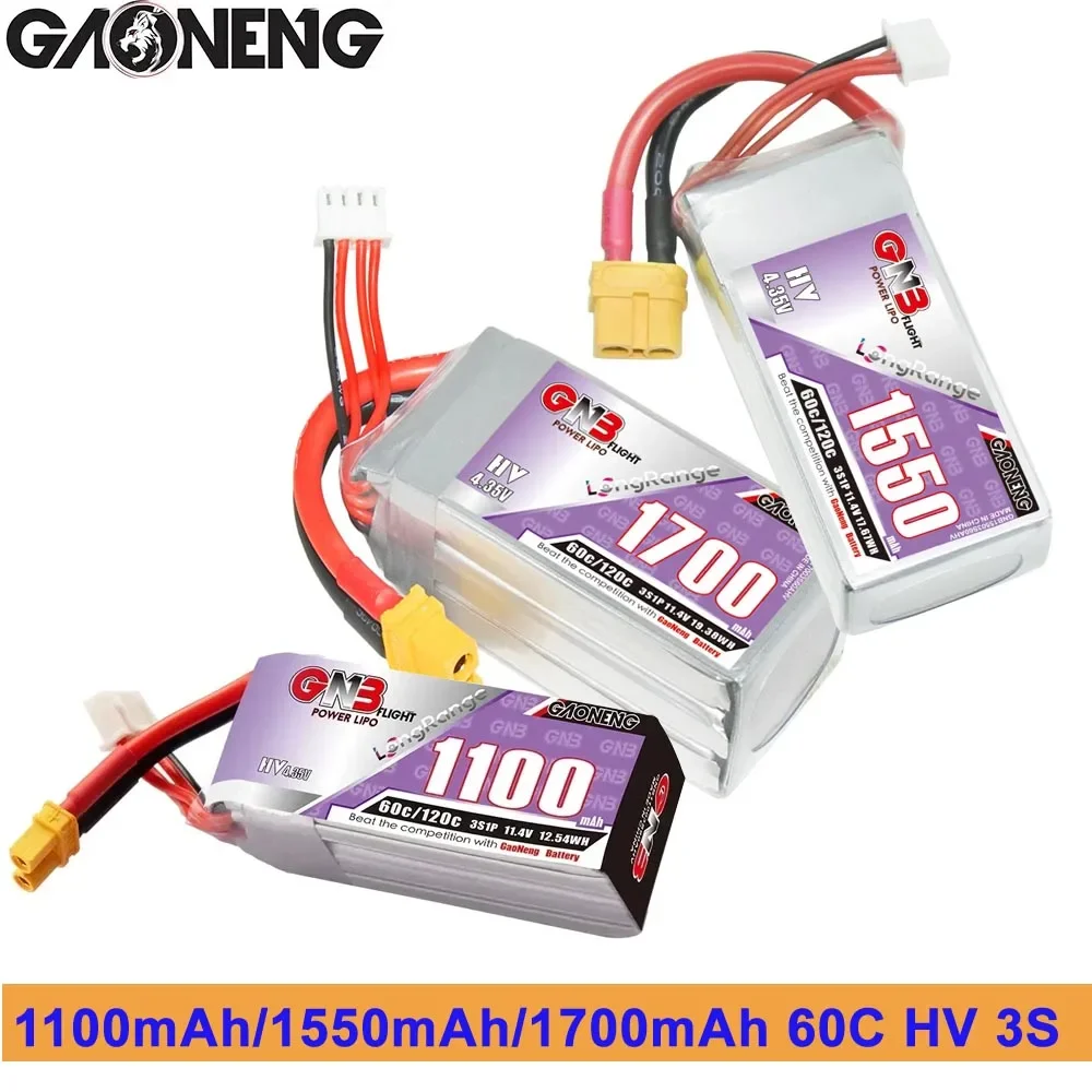 GNB-Batterie Lipo 11.4V, 1100mAh, 1550mAh, 1700mAh, 60C HV, pour importateur FPV, quatre axes UAV RC, quadricoptère 3S, avec compte 30/compte 60